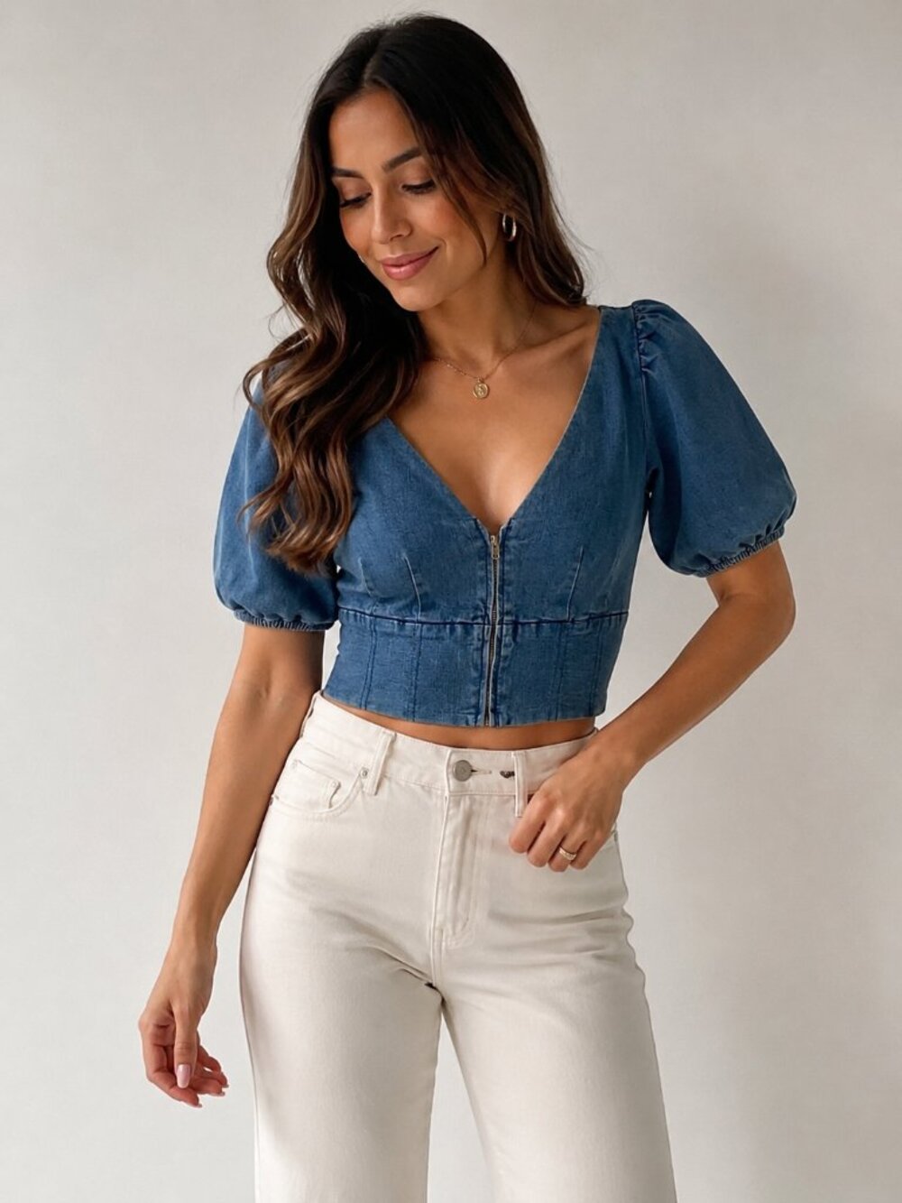 V-Neck Puff Sleeve Crop Top in Slate Blue